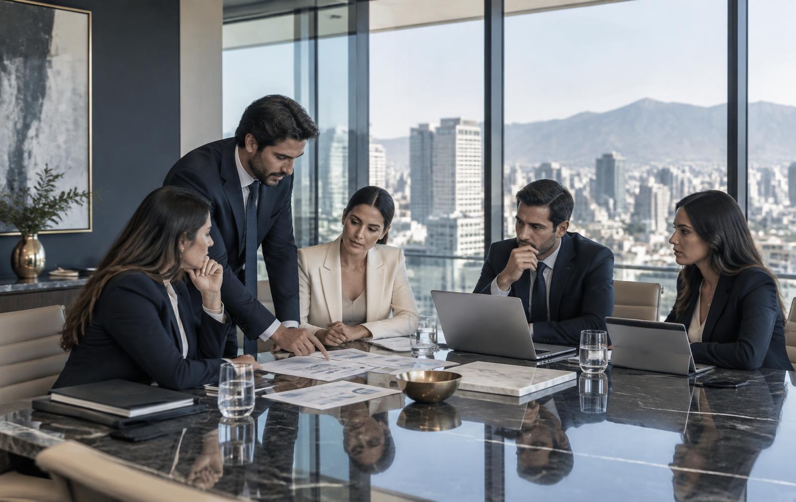 Ejecutivos analizando una estrategia empresarial en sala de juntas